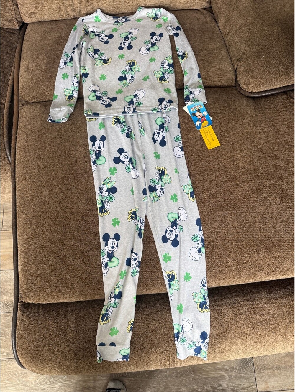 Disney Mickey Mouse Kids Pajama Set Gray with Green Clovers